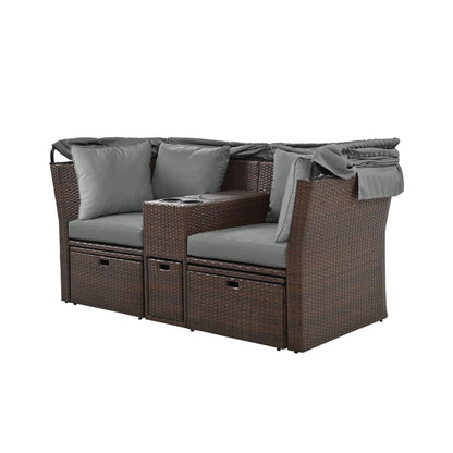 Alora Premium Outdoor 2-Seater Patio Daybed with Foldable Awning, Cushions, and Rattan Frame