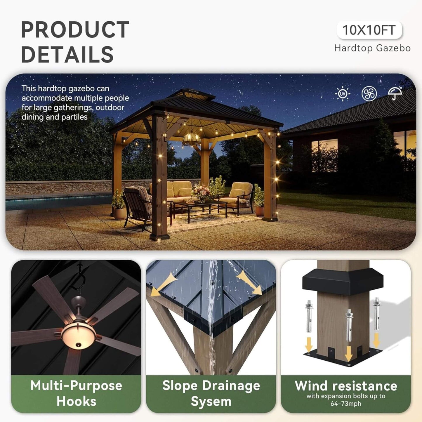 Alora Premium Outdoor Cedar Wood Galvanized Steel Hardtop Gazebo