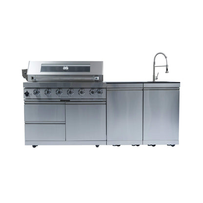 Castelle Flame Outdoor BBQ Kitchen Island with 43-Inch 6-Burner 85K BTU Propane Gas Grill, Rotisserie Kit, and Storage Cabinets