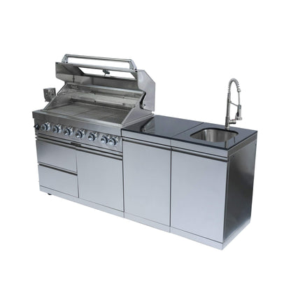 Castelle Flame Outdoor BBQ Kitchen Island with 43-Inch 6-Burner 85K BTU Propane Gas Grill, Rotisserie Kit, and Storage Cabinets