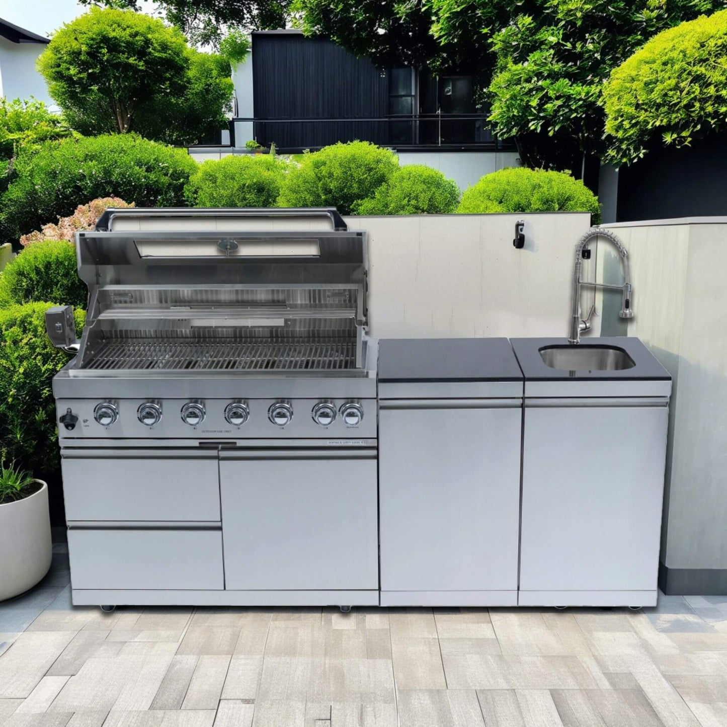 Castelle Flame Outdoor BBQ Kitchen Island with 43-Inch 6-Burner 85K BTU Propane Gas Grill, Rotisserie Kit, and Storage Cabinets