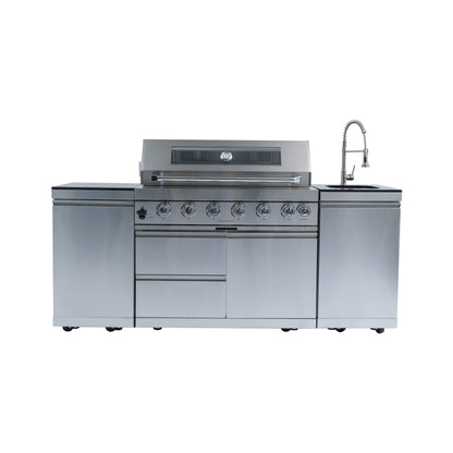 Castelle Flame Outdoor BBQ Kitchen Island with 43-Inch 6-Burner 85K BTU Propane Gas Grill, Rotisserie Kit, and Storage Cabinets