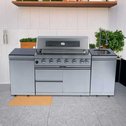 Castelle Flame Outdoor BBQ Kitchen Island with 43-Inch 6-Burner 85K BTU Propane Gas Grill, Rotisserie Kit, and Storage Cabinets