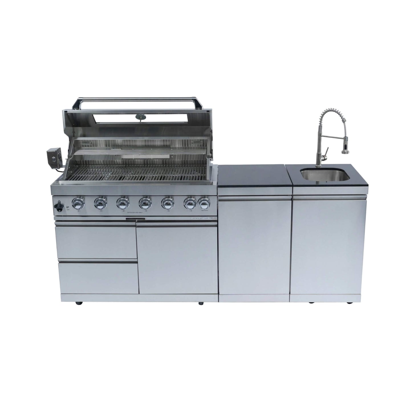 Castelle Flame Outdoor BBQ Kitchen Island with 43-Inch 6-Burner 85K BTU Propane Gas Grill, Rotisserie Kit, and Storage Cabinets