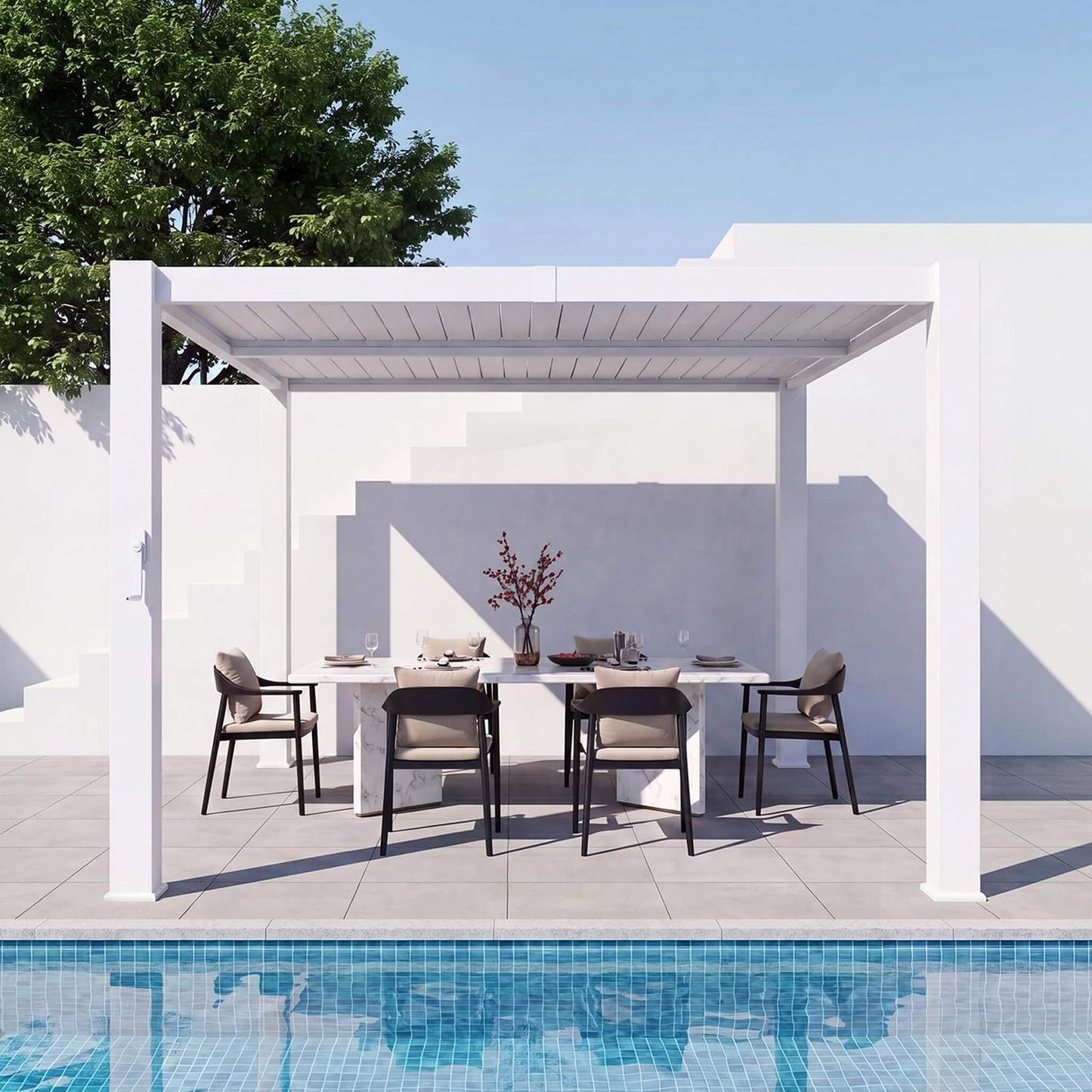 Alora Premium White Outdoor Metal Louvered Pergola with Drainage System