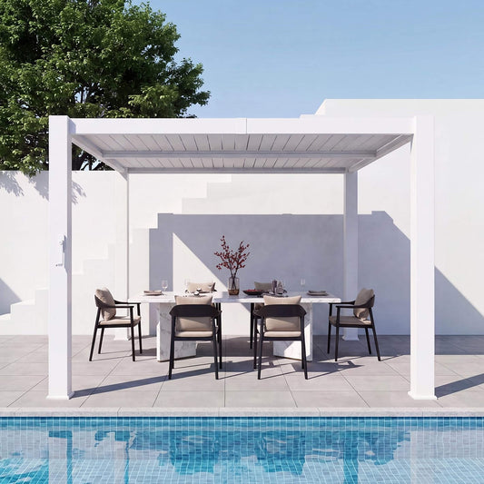 Alora Premium White Outdoor Metal Louvered Pergola with Drainage System