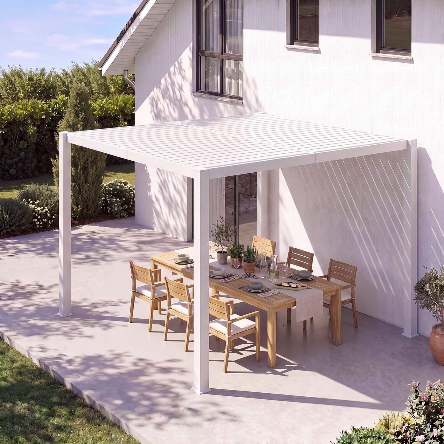 Alora Premium White Outdoor Metal Louvered Pergola with Drainage System