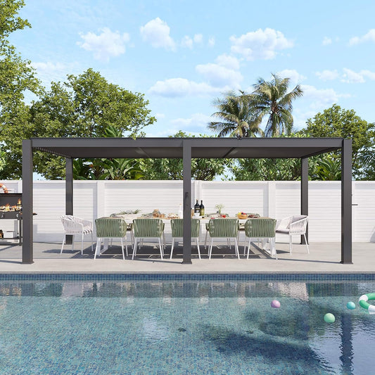 Alora Premium Gray Outdoor Metal Pergola With Louvered Roof and Drainage System