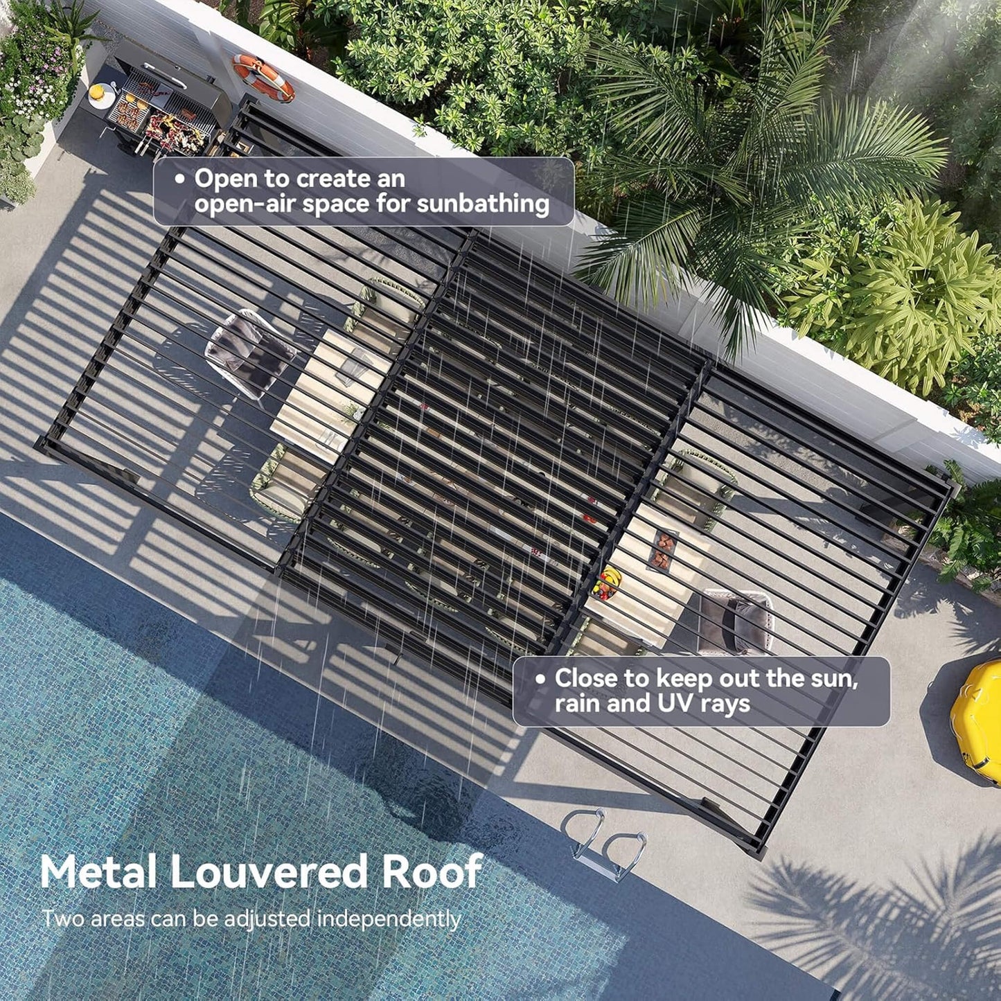 Alora Premium Gray Outdoor Metal Pergola With Louvered Roof and Drainage System