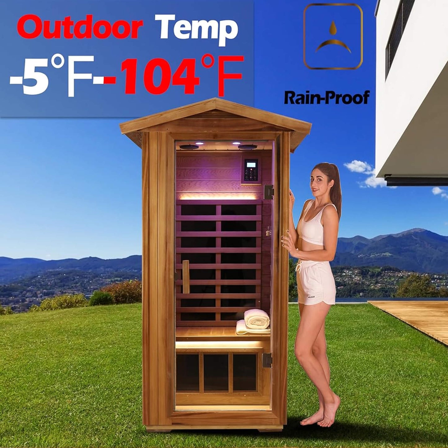 Thermora Premium 1-Person Outdoor Red Cedar Infrared Sauna With Low EMF Chromotherapy and Bluetooth