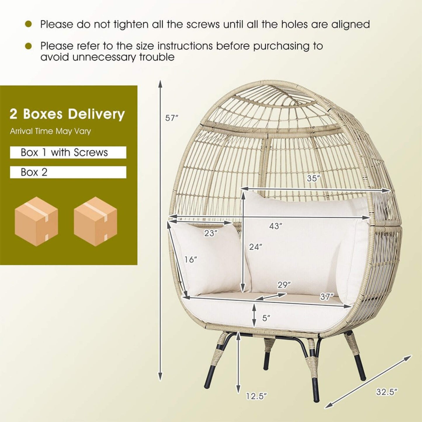 Premium Oversized Rattan Patio Egg Lounge Chair Basket With Cushions 57"