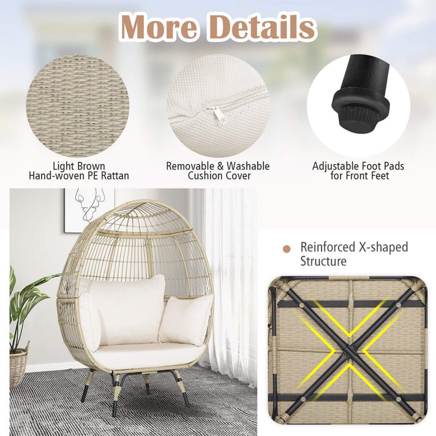 Premium Oversized Rattan Patio Egg Lounge Chair Basket With Cushions 57"
