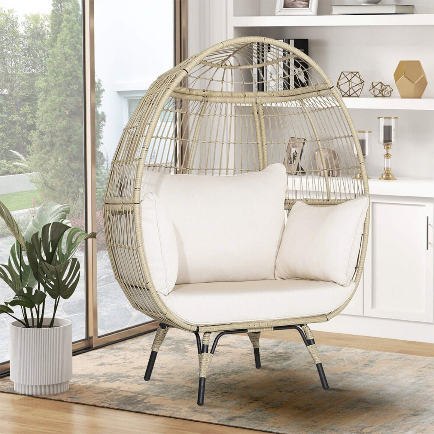 Premium Oversized Rattan Patio Egg Lounge Chair Basket With Cushions 57"