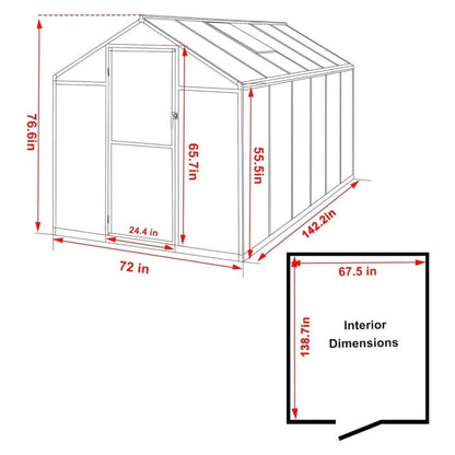 6' x 12' FT Premium Polycarbonate Gray Walk-In Greenhouse Kit With Adjustable Vent And Lockable Door