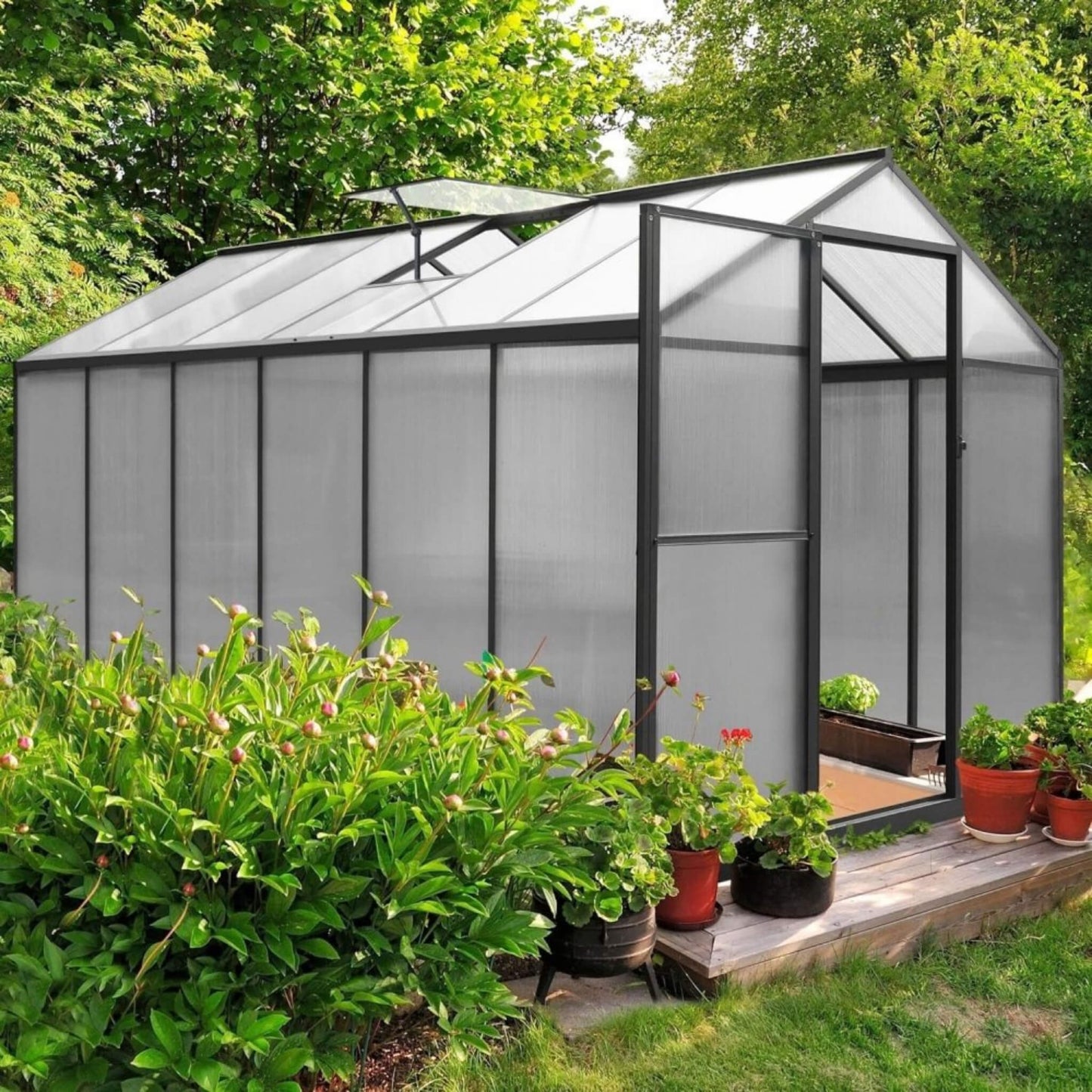 6' x 12' FT Premium Polycarbonate Gray Walk-In Greenhouse Kit With Adjustable Vent And Lockable Door