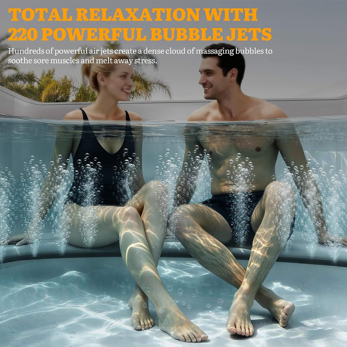Premium 85-Inch Portable 8-Person Natural Stone Design Inflatable Square Hot Tub with 220 Massage Jets