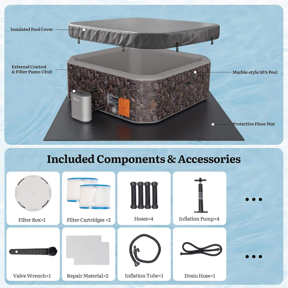 Premium 85-Inch Portable 8-Person Natural Stone Design Inflatable Square Hot Tub with 220 Massage Jets