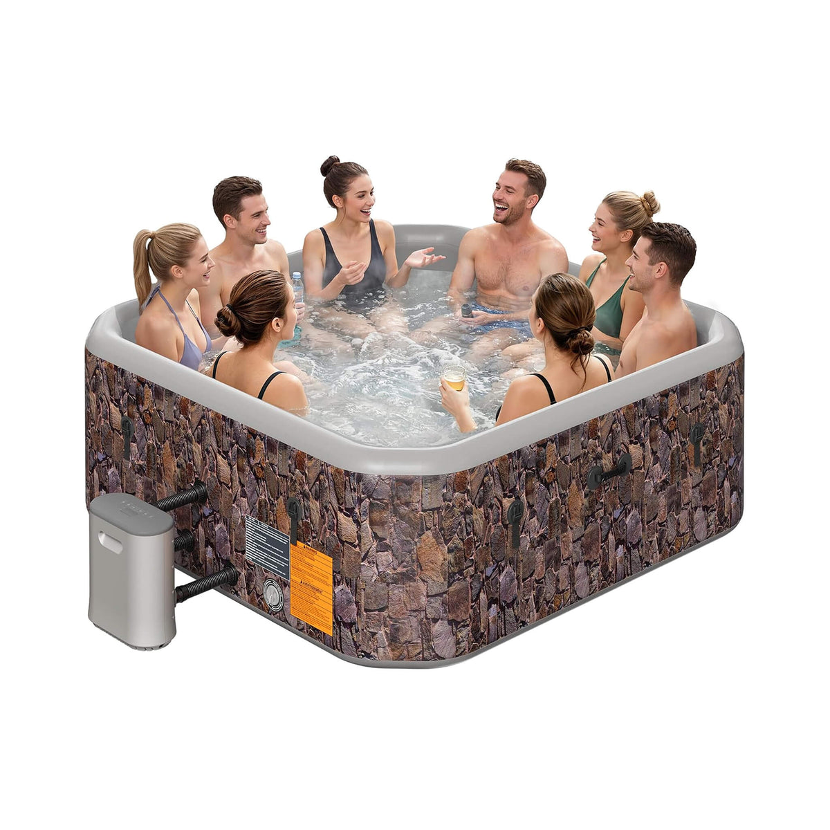 Premium 85-Inch Portable 8-Person Natural Stone Design Inflatable Square Hot Tub with 220 Massage Jets