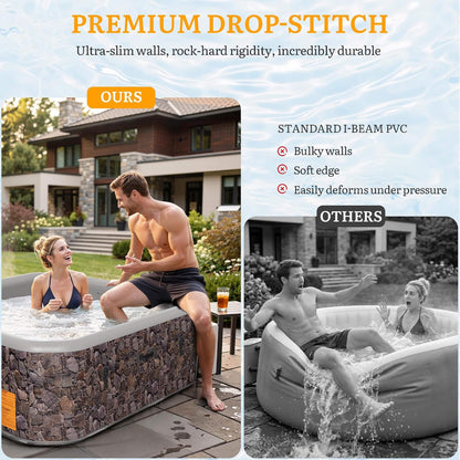 Premium 85-Inch Portable 8-Person Natural Stone Design Inflatable Square Hot Tub with 220 Massage Jets