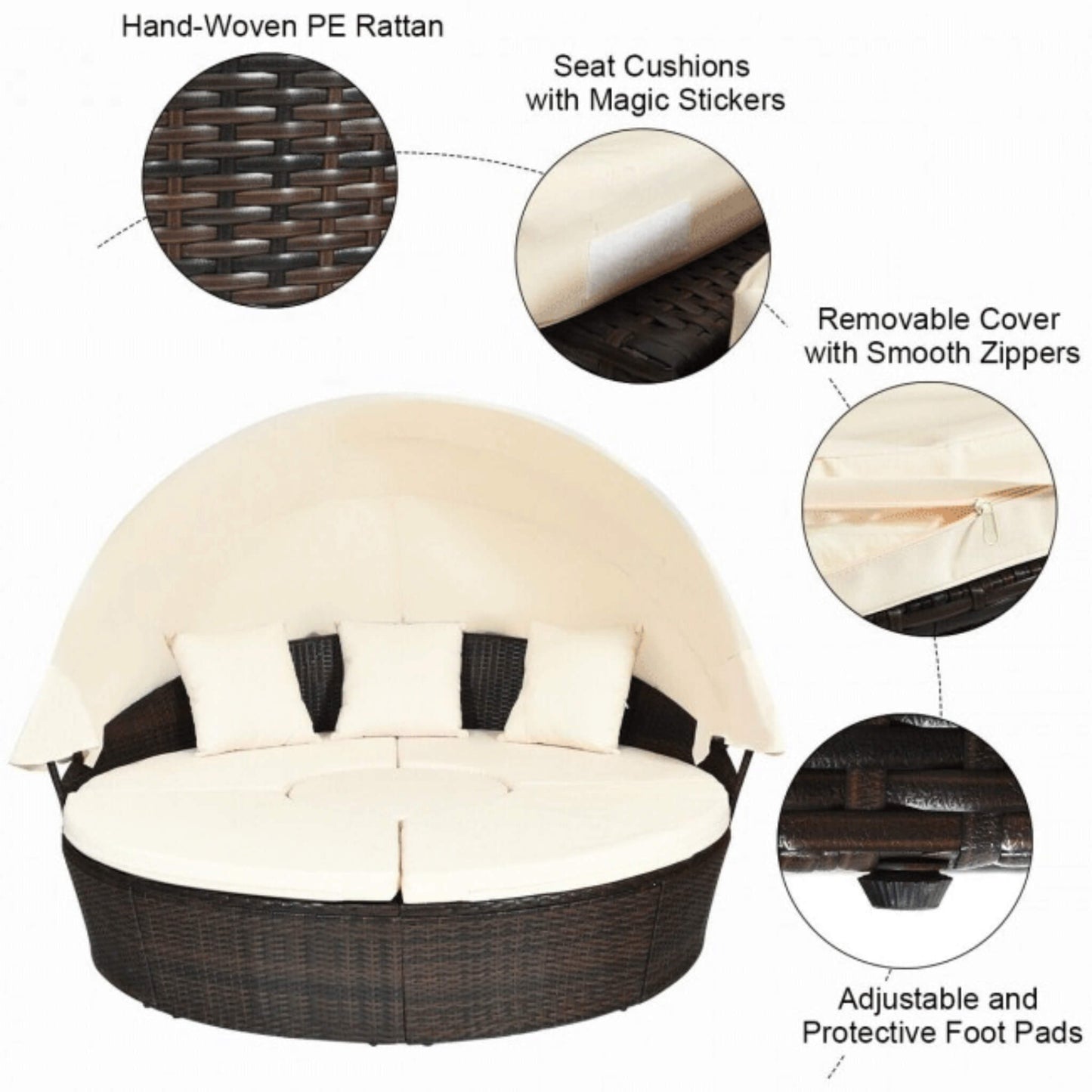 Premium Round Outdoor Patio Rattan Daybed W/ Canopy & Table 76"