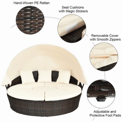 Premium Round Outdoor Patio Rattan Daybed W/ Canopy & Table 76"