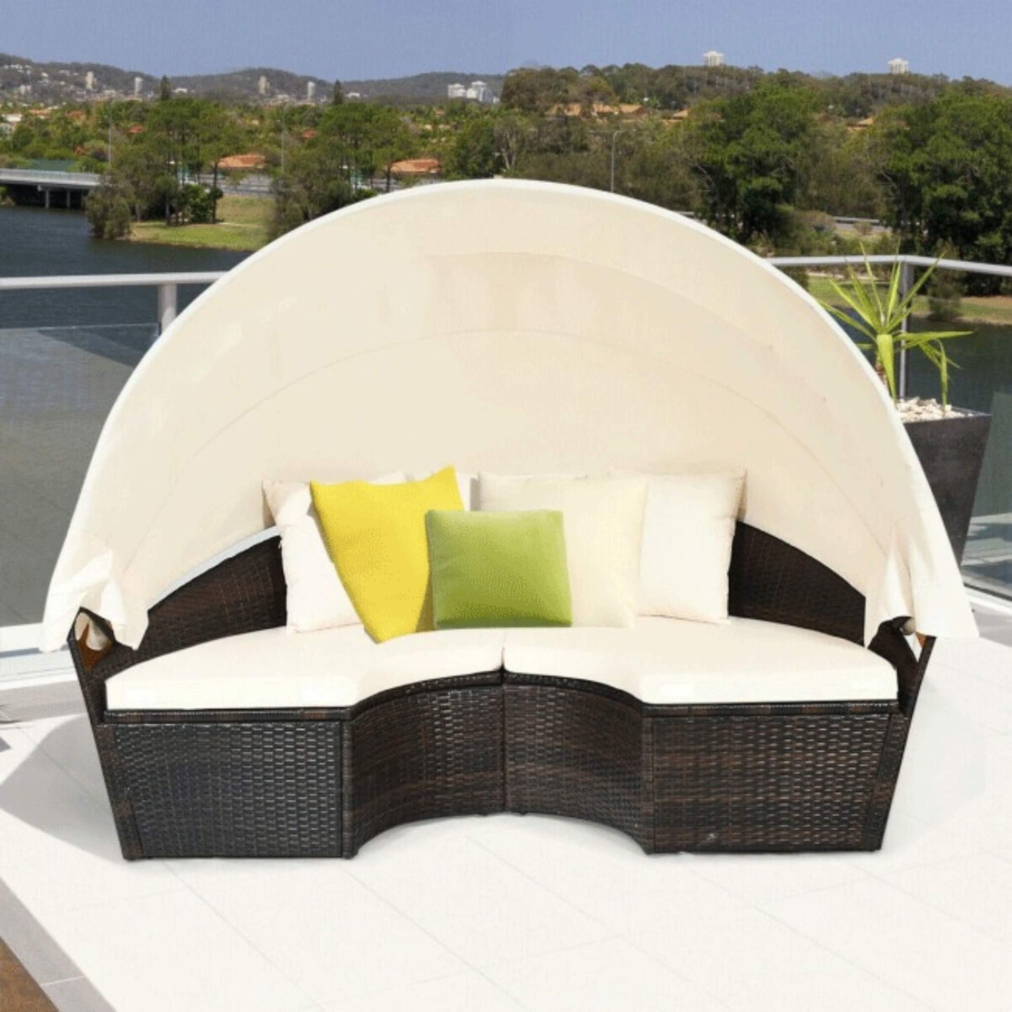Premium Round Outdoor Patio Rattan Daybed W/ Canopy & Table 76"