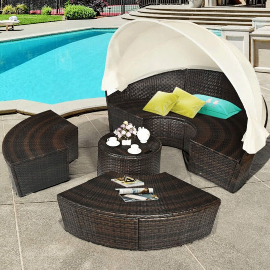 Premium Round Outdoor Patio Rattan Daybed W/ Canopy & Table 76"
