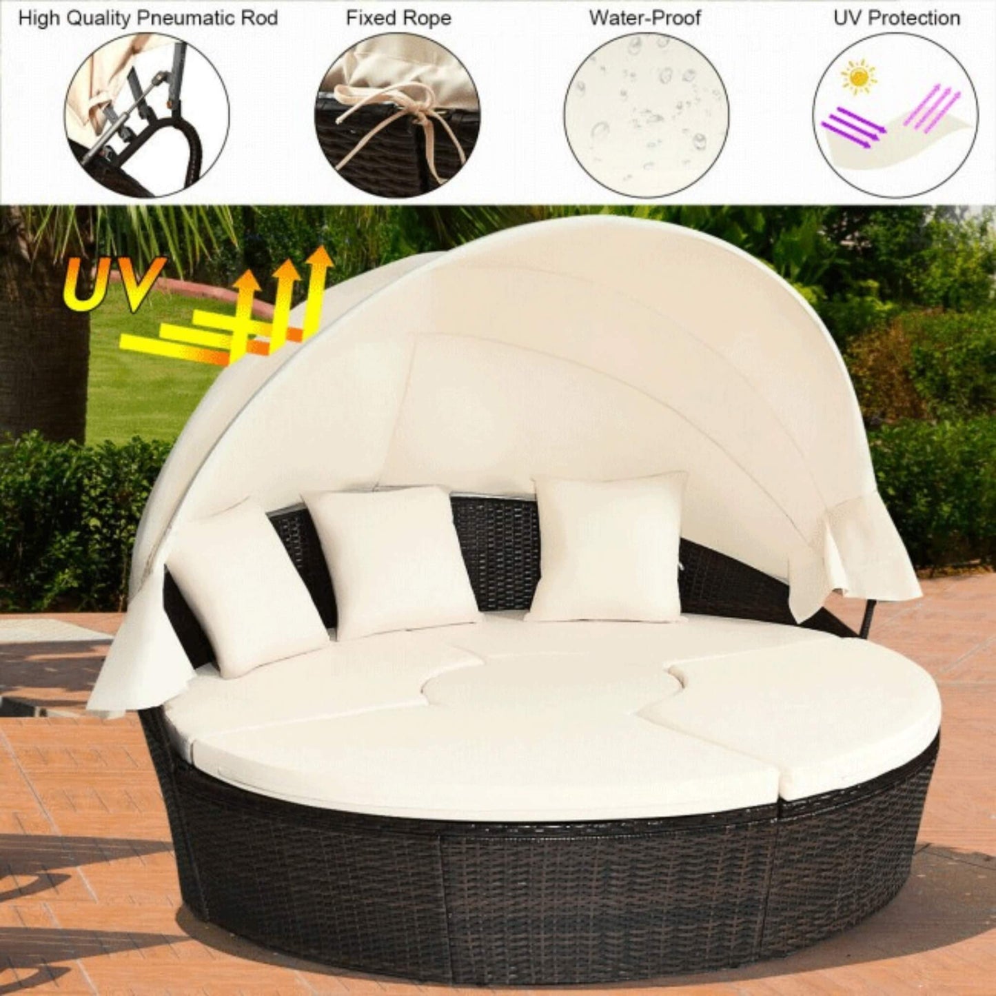 Premium Round Outdoor Patio Rattan Daybed W/ Canopy & Table 76"