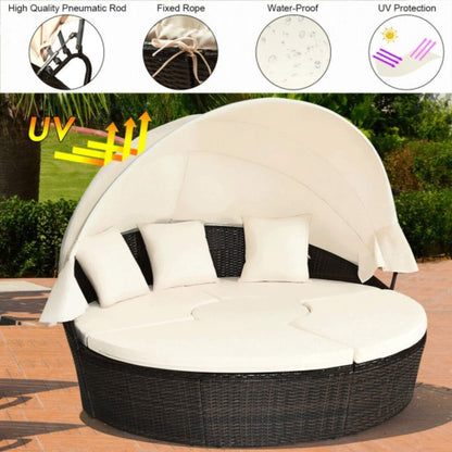 Premium Round Outdoor Patio Rattan Daybed W/ Canopy & Table 76"