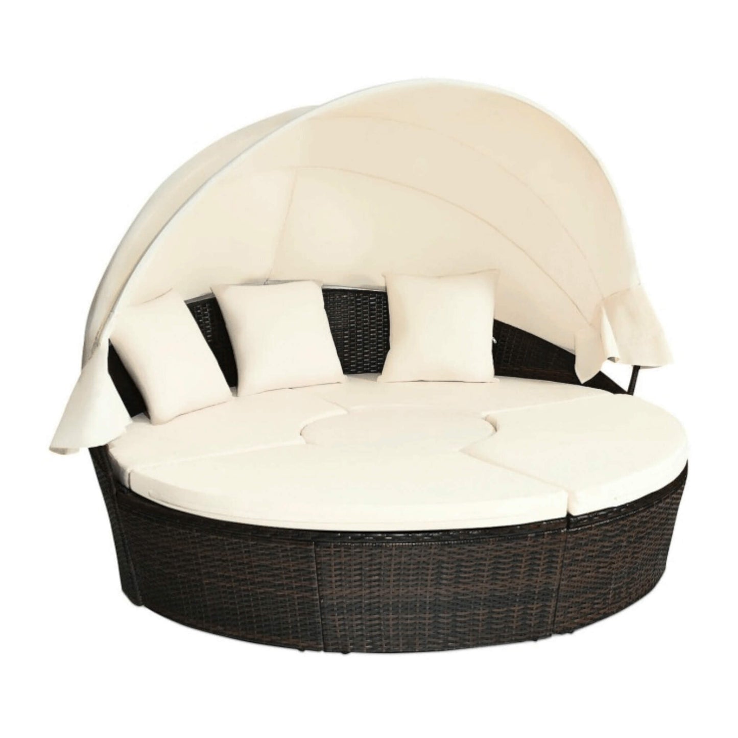 Premium Round Outdoor Patio Rattan Daybed W/ Canopy & Table 76"