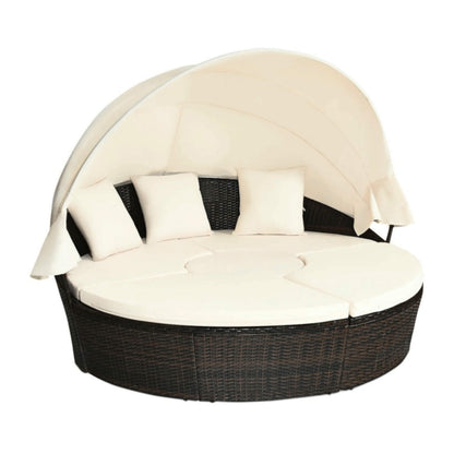 Premium Round Outdoor Patio Rattan Daybed W/ Canopy & Table 76"