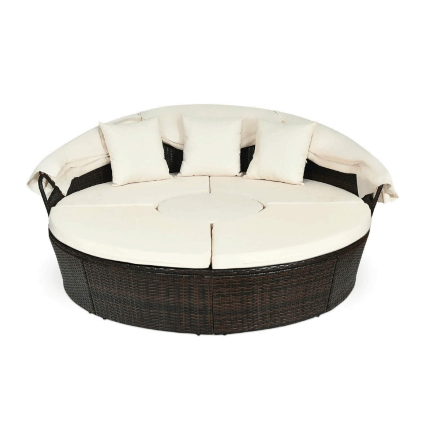 Premium Round Outdoor Patio Rattan Daybed W/ Canopy & Table 76"