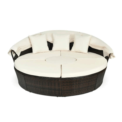 Premium Round Outdoor Patio Rattan Daybed W/ Canopy & Table 76"