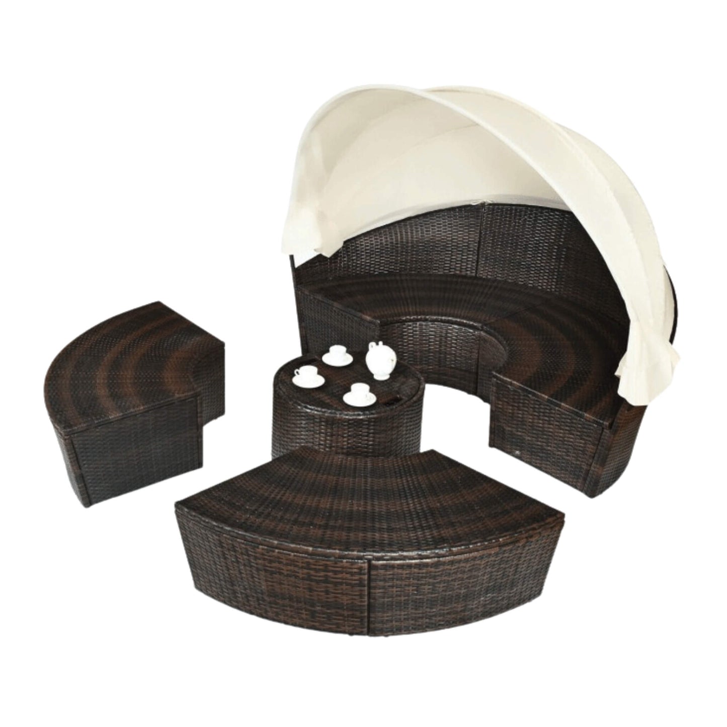 Premium Round Outdoor Patio Rattan Daybed W/ Canopy & Table 76"