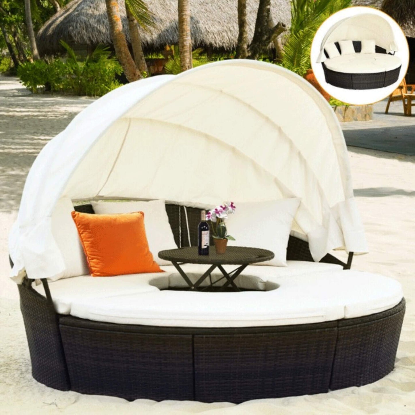 Premium Round Outdoor Patio Rattan Daybed W/ Canopy & Table 76"