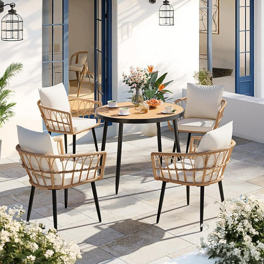 Pamapic Patio Round Dining Set with Wood Table Top & Wicker Rattan Chairs