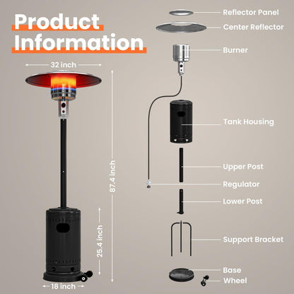 Pamapic 48000 BTU Propane Freestanding Patio Heater with Cover & Wheels for Outside Decks