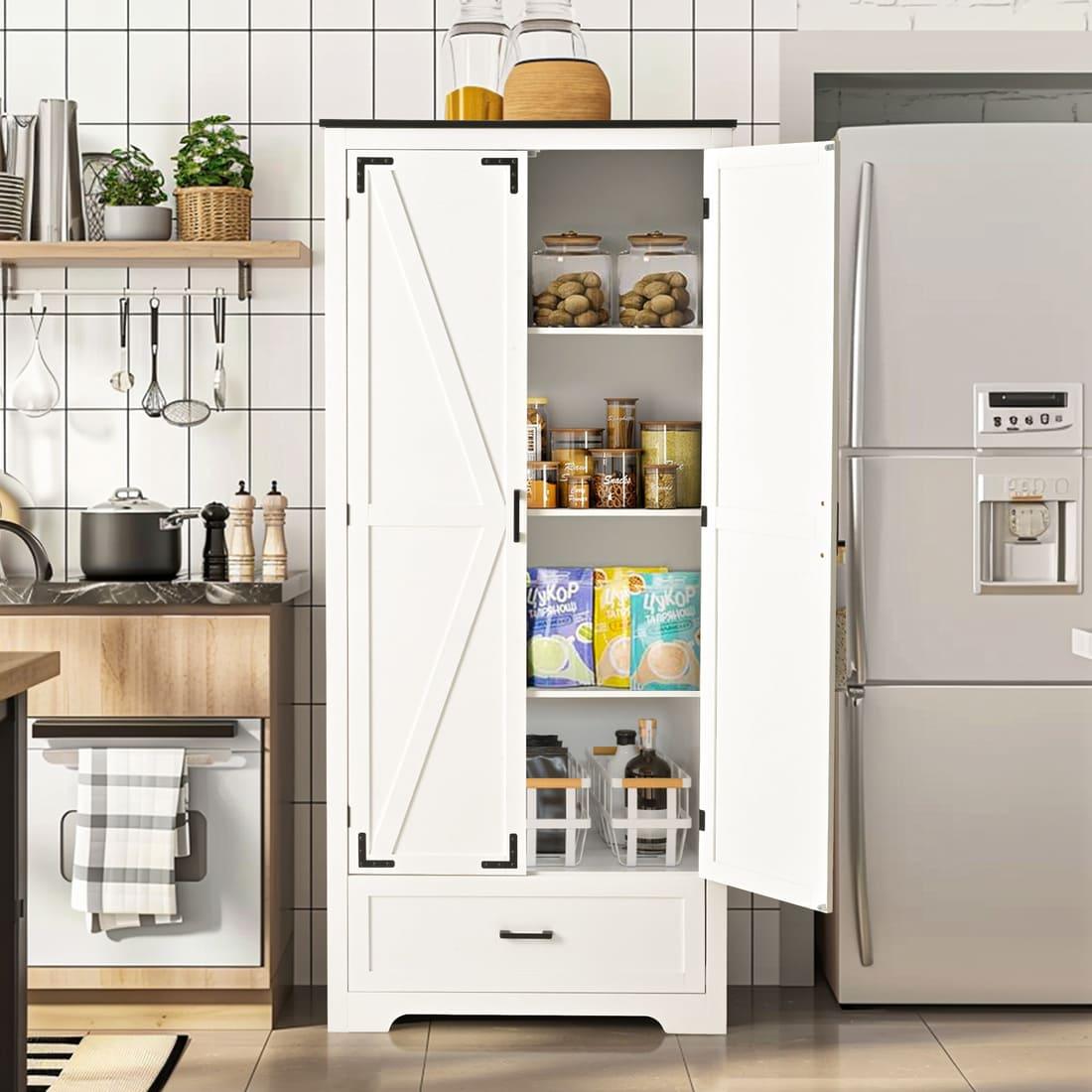 Pamapic 71" Tall Farmhouse Kitchen Pantry Cabinet with 2 Barn Style Doors & Drawer