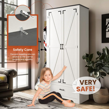 Pamapic 71" Tall Farmhouse Kitchen Pantry Cabinet with 2 Barn Style Doors & Drawer