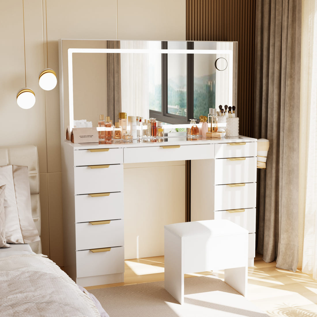 Pamapic 11 Drawers Vanity Desk with Mirror & Glass Top, White