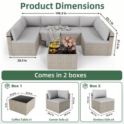 Pamapic 7-Piece Rattan Outdoor Sectional Sofa Set for Poolside, Backyard, Deck
