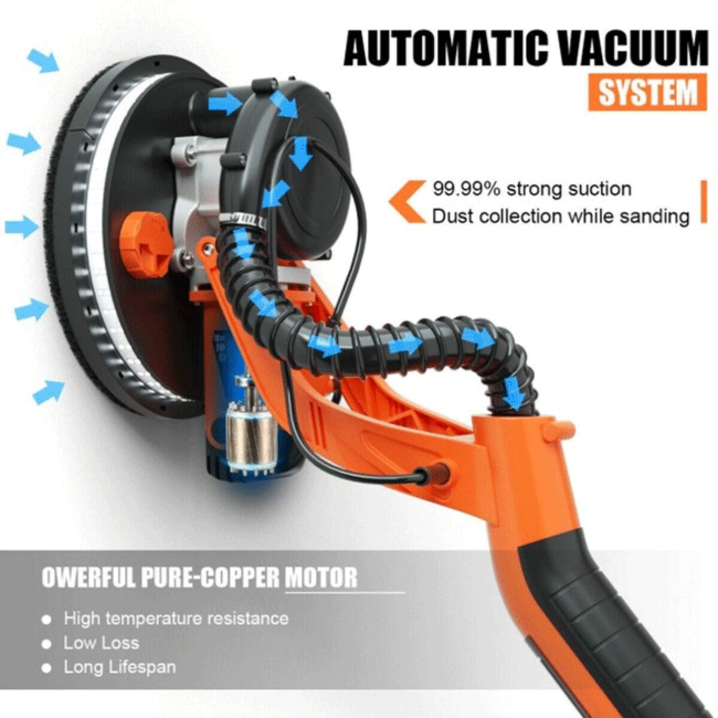Professional Electric Drywall Ceiling Pole Sander with Vacuum, 750W