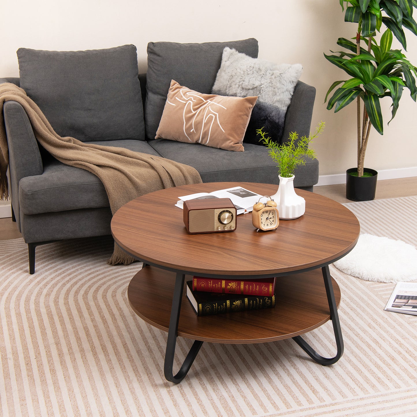 33.5 Inch Round Coffee Table with Wood Grain Finish and Heavy-Duty Metal Frame