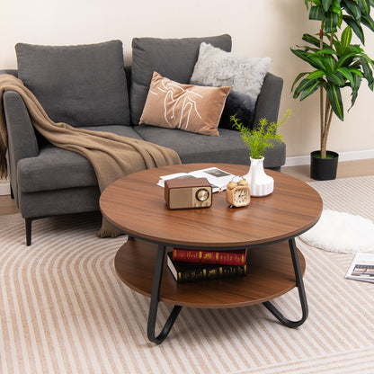 33.5 Inch Round Coffee Table with Wood Grain Finish and Heavy-Duty Metal Frame