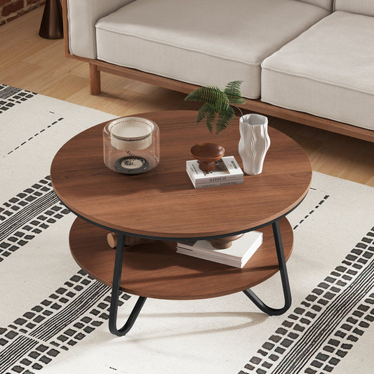 33.5 Inch Round Coffee Table with Wood Grain Finish and Heavy-Duty Metal Frame