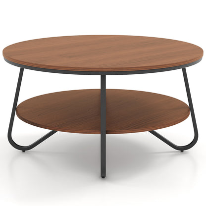 33.5 Inch Round Coffee Table with Wood Grain Finish and Heavy-Duty Metal Frame