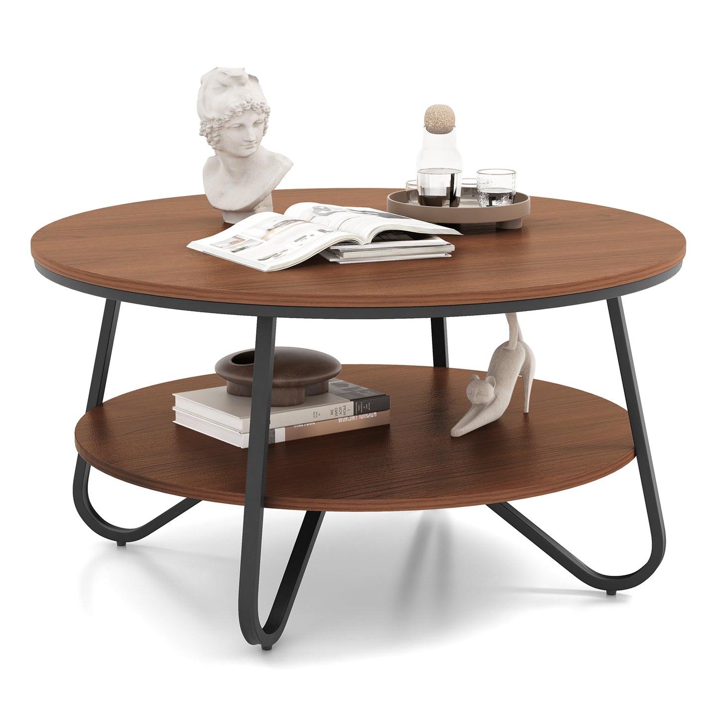 33.5 Inch Round Coffee Table with Wood Grain Finish and Heavy-Duty Metal Frame