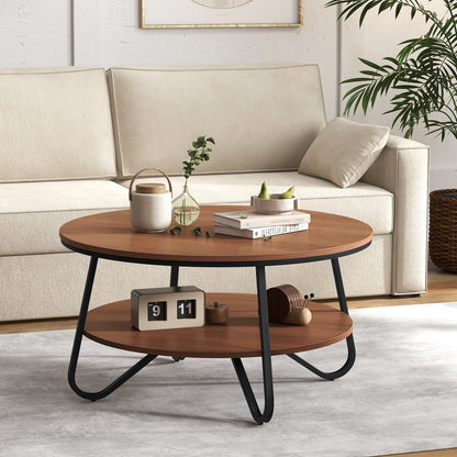 33.5 Inch Round Coffee Table with Wood Grain Finish and Heavy-Duty Metal Frame