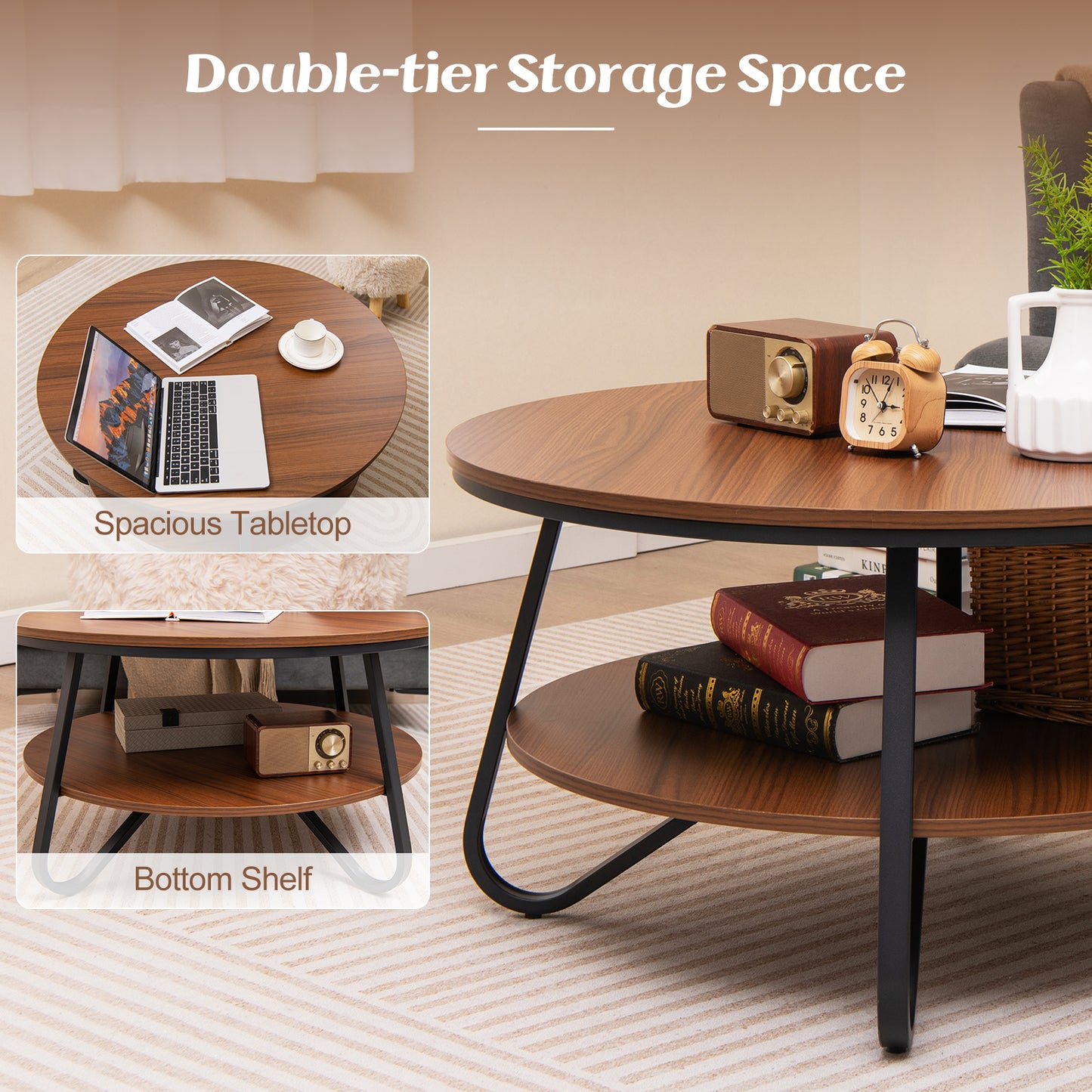 33.5 Inch Round Coffee Table with Wood Grain Finish and Heavy-Duty Metal Frame