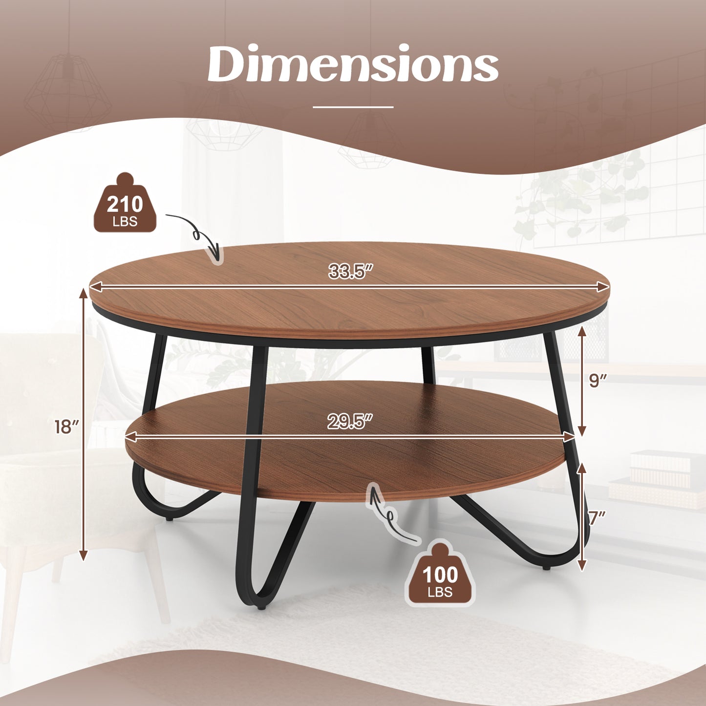 33.5 Inch Round Coffee Table with Wood Grain Finish and Heavy-Duty Metal Frame